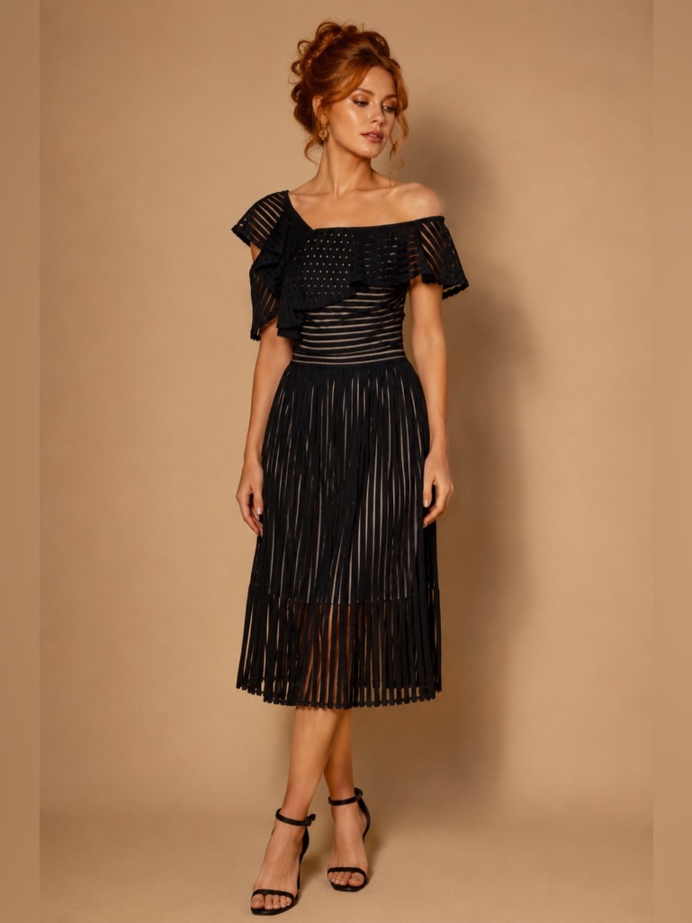 Gianni Bini Reanna Ruffle Drape Striped Black Dress​ NWT Size Small
